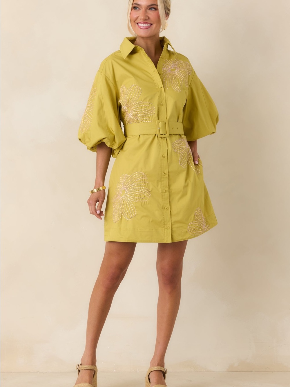 Belted Puff-Sleeve Shirt Dress in Chartreuse